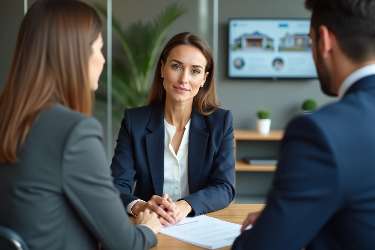 Agent immobilier iad expliquant les frais d'agence à des clients autour d'un bureau avec des documents contractuels