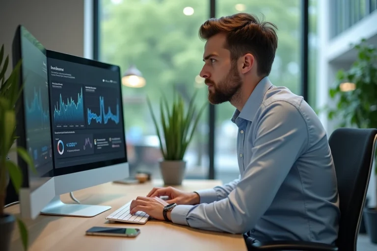 Homme concentré analysant des données sur un ordinateur au bureau