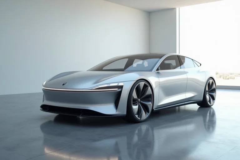 Nouvelle berline électrique 2024 exposée dans un showroom automobile moderne avec design aérodynamique et finition métallique silver