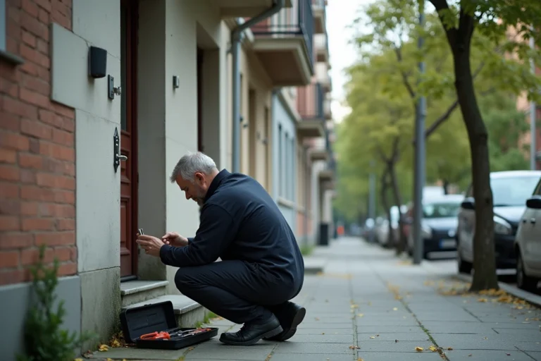 Serrurier examinant la serrure d'un appartement au rez-de-chaussée d'un immeuble résidentiel urbain