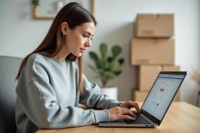 Femme effectuant un changement d'adresse en ligne sur son ordinateur portable entourée de cartons de déménagement