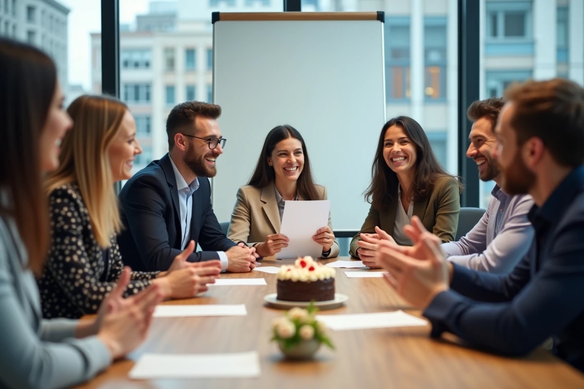 Groupe de collègues réunis autour d'une table de réunion pour une séance d'adieu professionnelle, une femme lisant une lettre d'au revoir à voix haute
