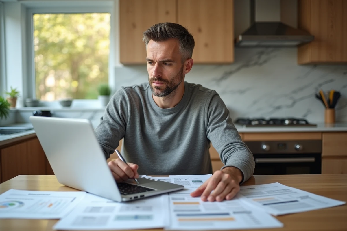 Homme analysant les frais d'agence iad sur un ordinateur portable avec des documents financiers étalés sur une table de cuisine