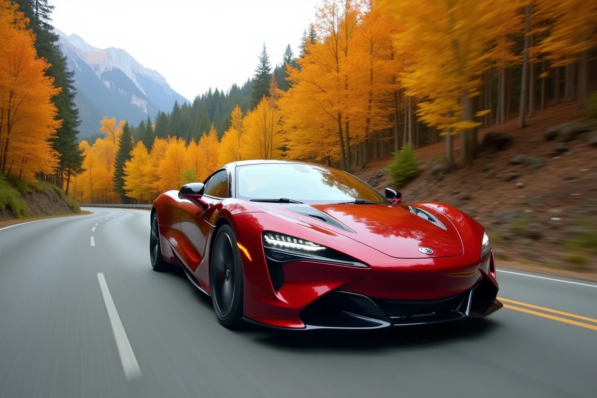 Coupé hybride sportif rouge 2024 en pleine accélération sur une route de montagne sinueuse entourée de feuillage automnal coloré