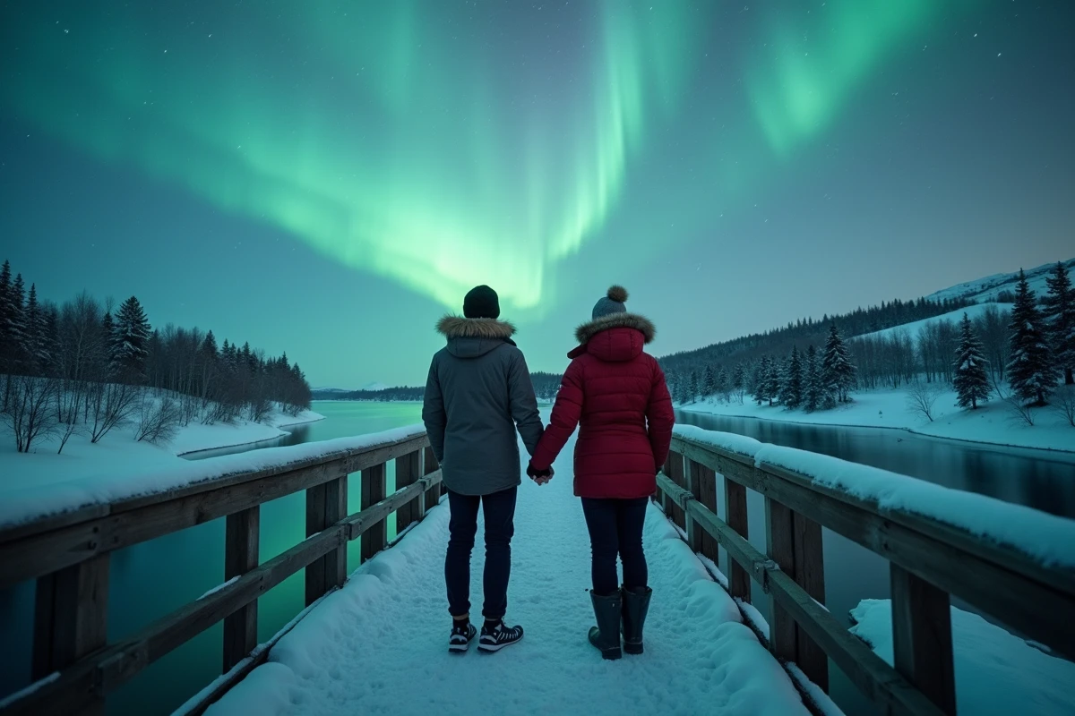 Couple admirant les aurores boréales au-dessus d'un paysage arctique enneigé à Tromsø en Norvège