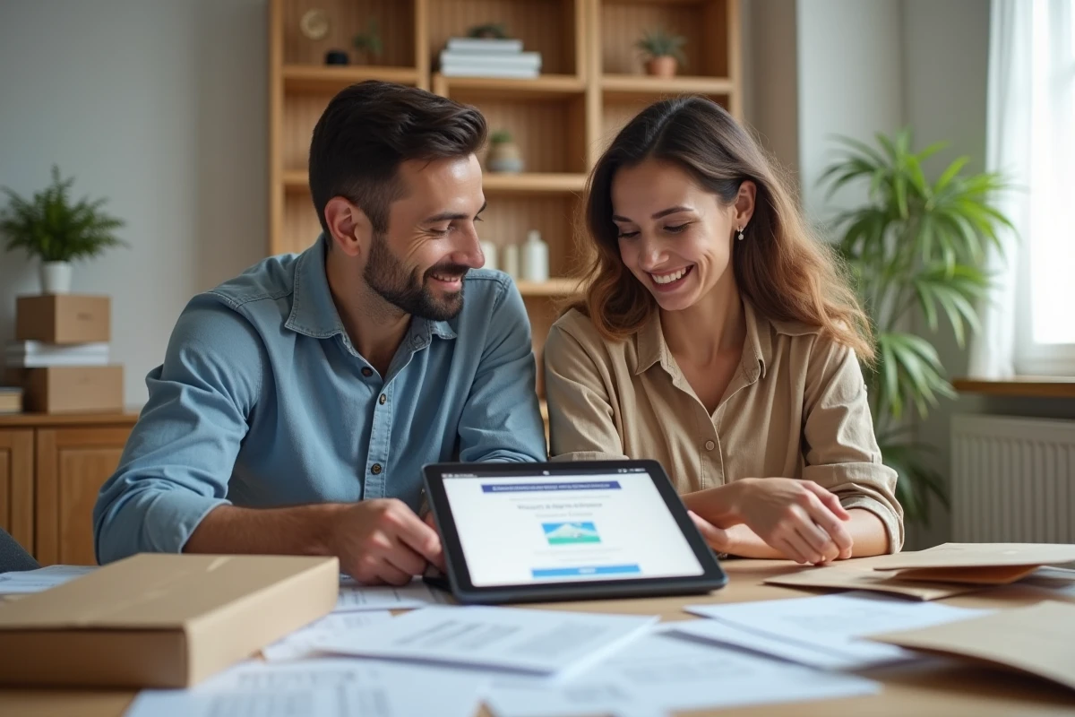 Couple gérant les démarches administratives de changement d'adresse avec des documents et une tablette sur la table