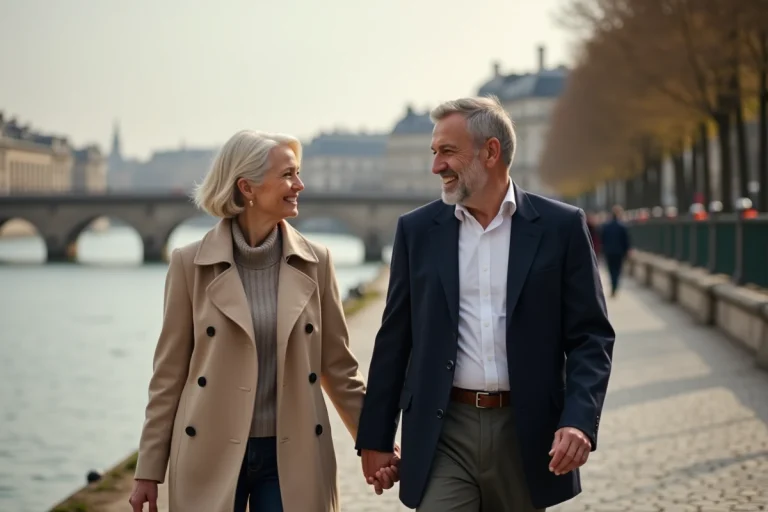 Couple élégant dans la soixantaine se promenant main dans la main au bord de la Seine à Paris, illustrant une belle histoire d'amour durable