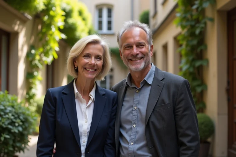 Couple élégant d'une cinquantaine d'années posant ensemble dans une cour parisienne ensoleillée, illustrant la vie privée d'un couple médiatique