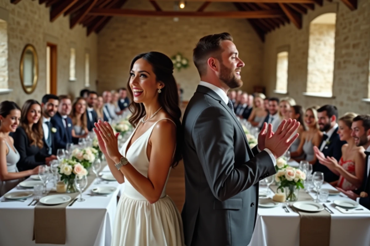 Couple de mariés jouant le jeu des 12 mois entouré de leurs invités dans un château