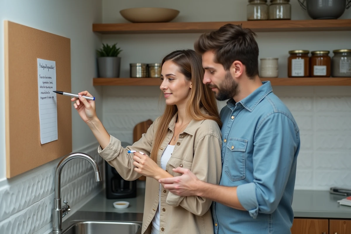 Couple consultant une liste de tâches d'entretien maison affichée sur un tableau en liège dans une cuisine moderne