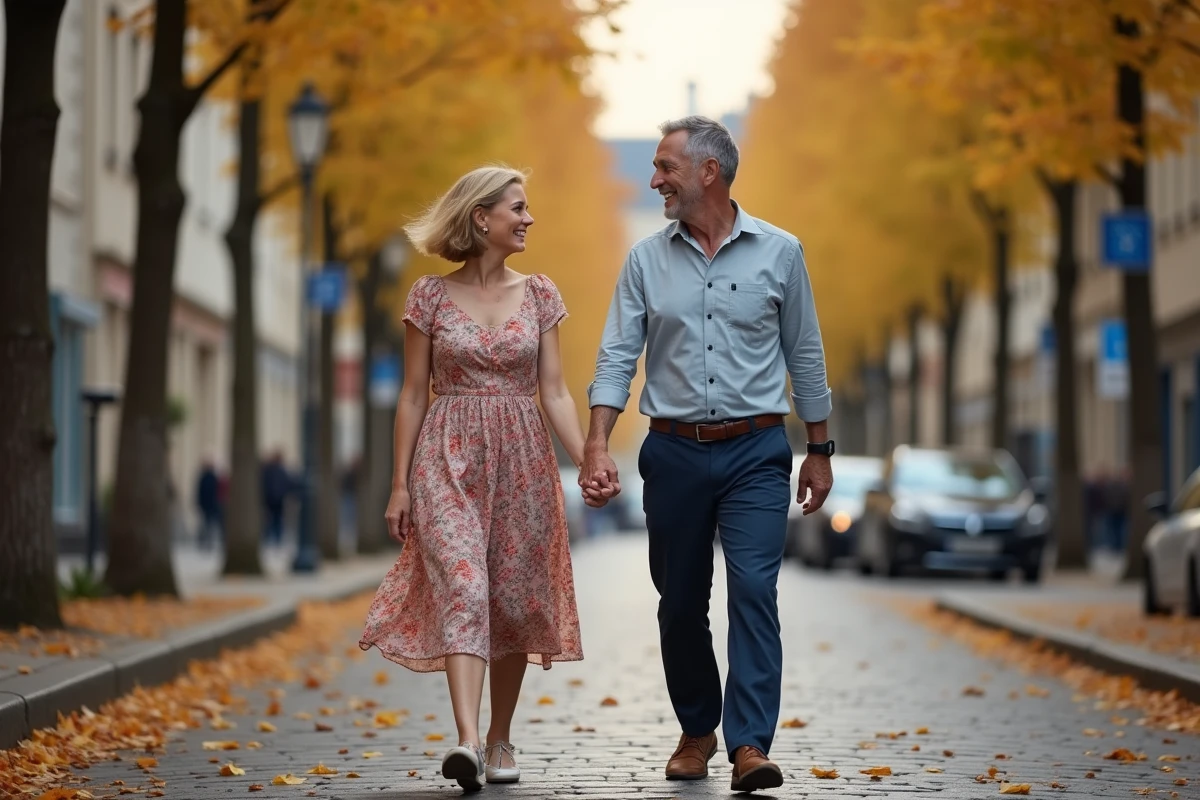 Couple mature marchant main dans la main sur un boulevard parisien en automne avec des feuilles dorées, illustrant une vie de couple complice et discrète