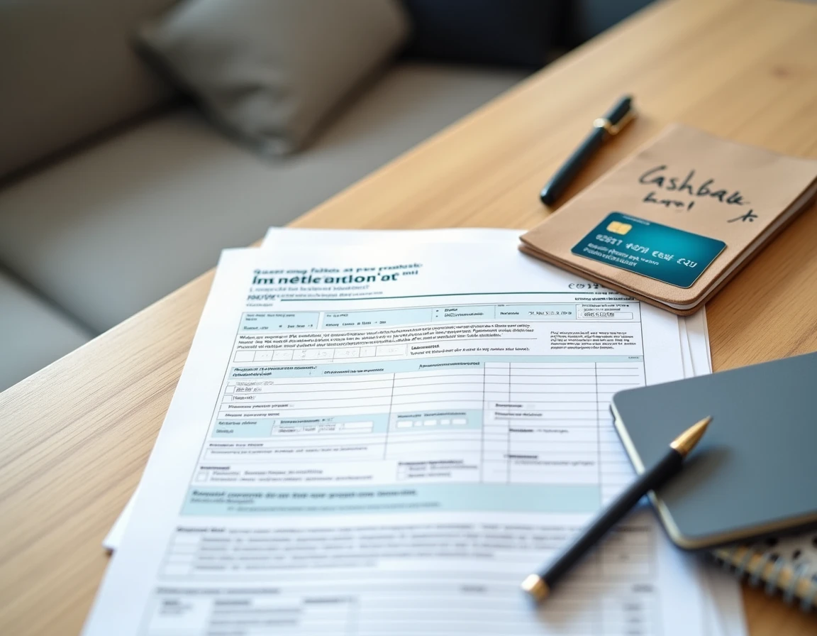 Vue de dessus d'une déclaration fiscale française, d'une carte bancaire et de notes manuscrites sur le cashback