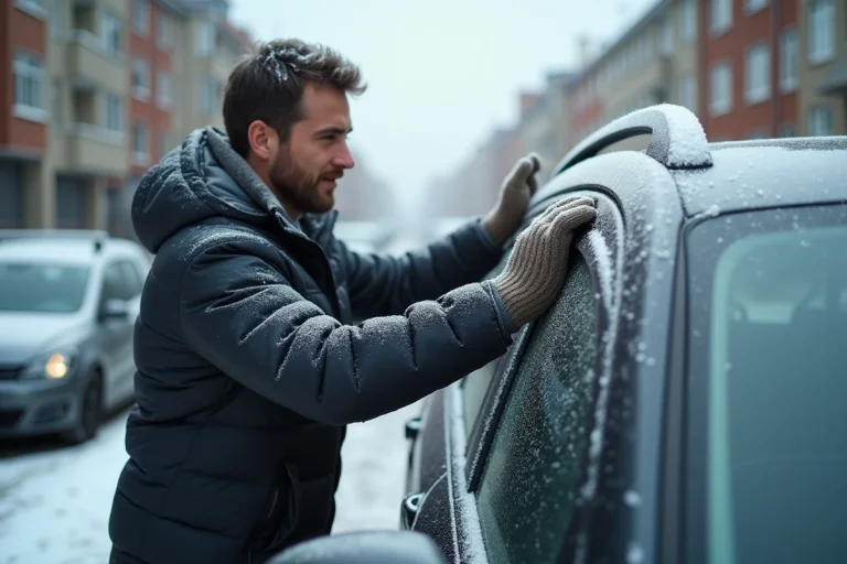 Homme essuyant le miroir de sa voiture en hiver