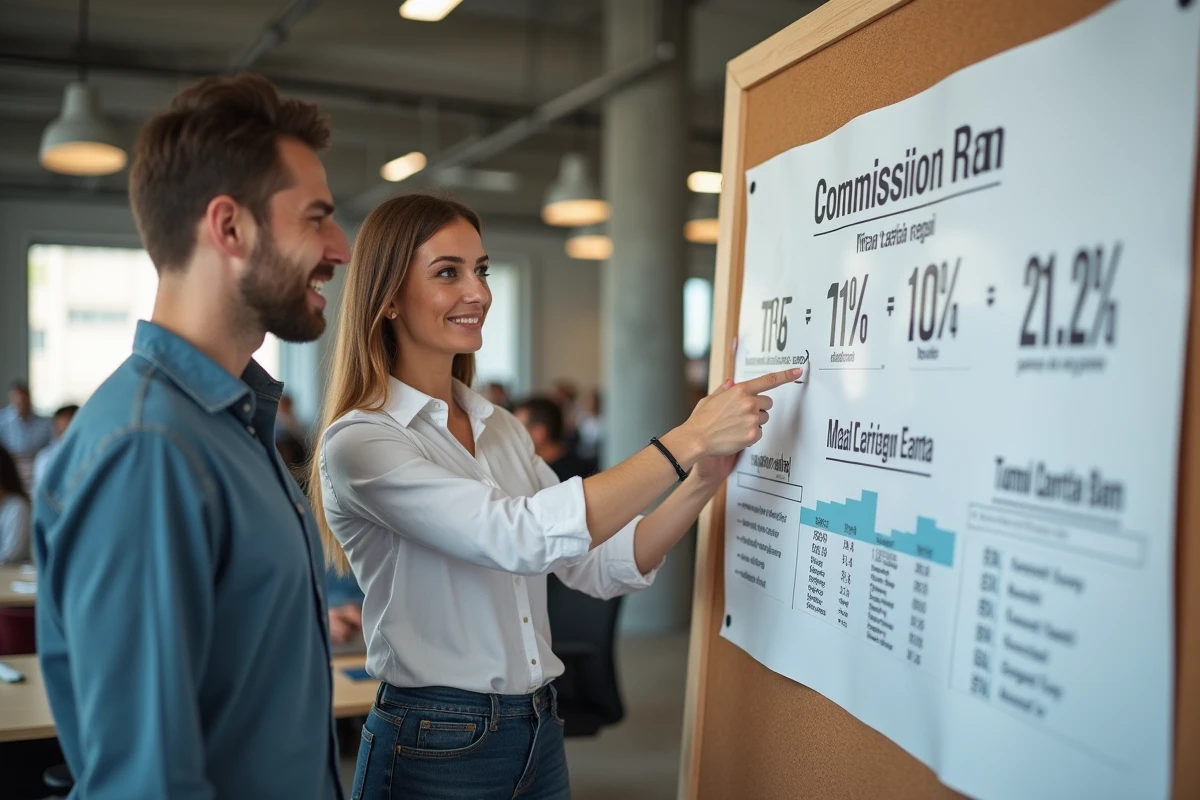 Deux professionnels discutant d'un tableau comparatif des frais d'agence iad dans un espace de coworking moderne
