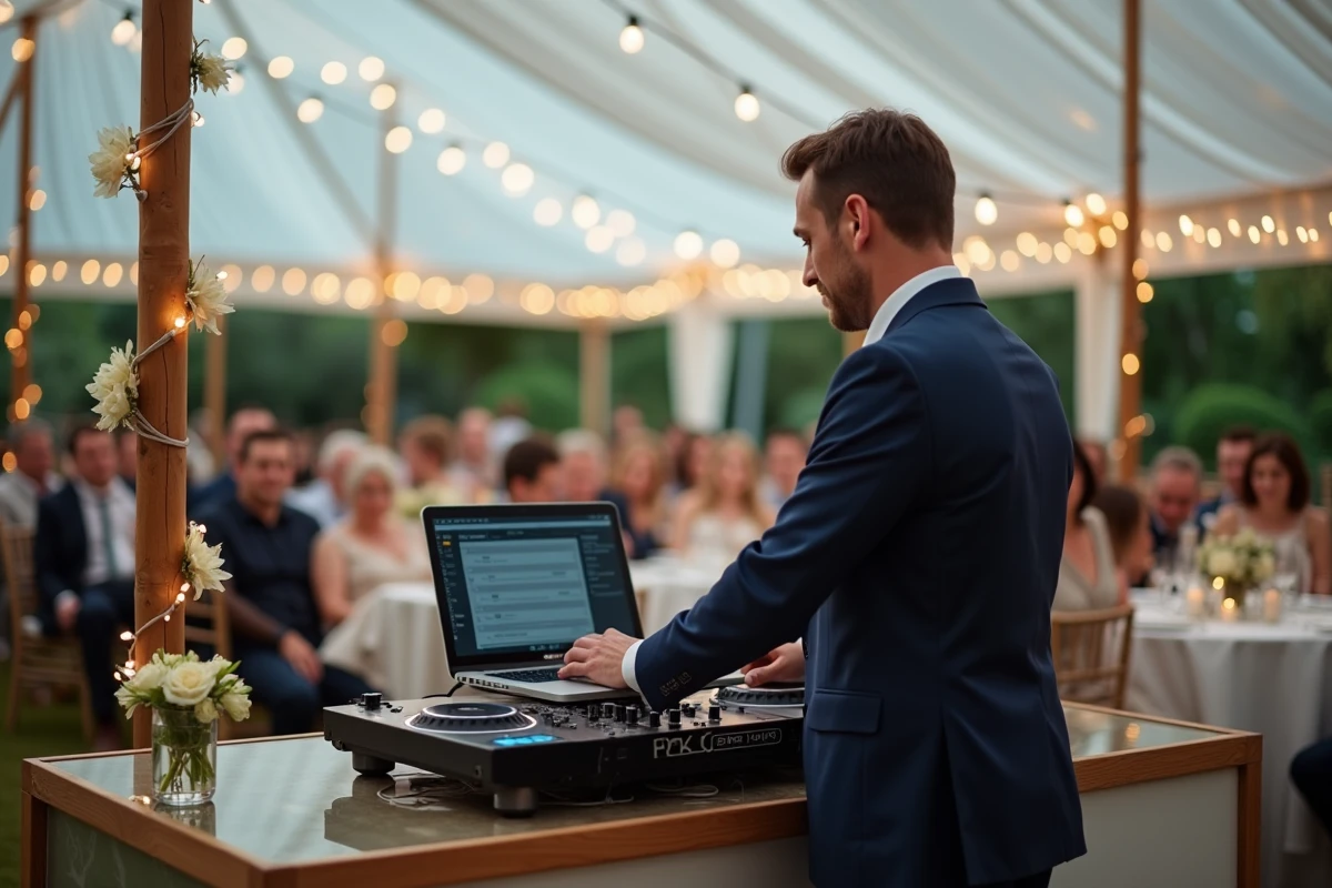 DJ préparant la musique pour le jeu des 12 mois lors d'un mariage en plein air sous chapiteau