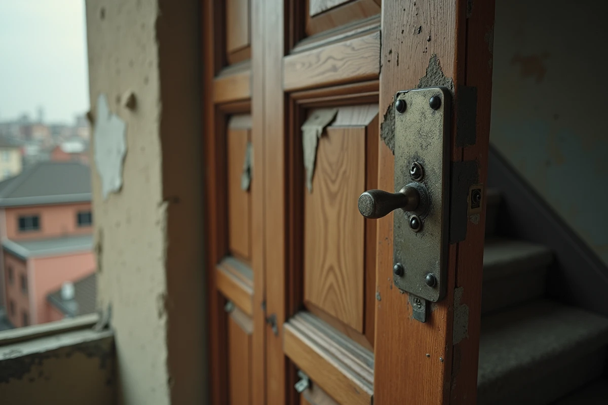 Cadre de porte endommagé avec traces d'effraction sur le palier d'un appartement en étage élevé