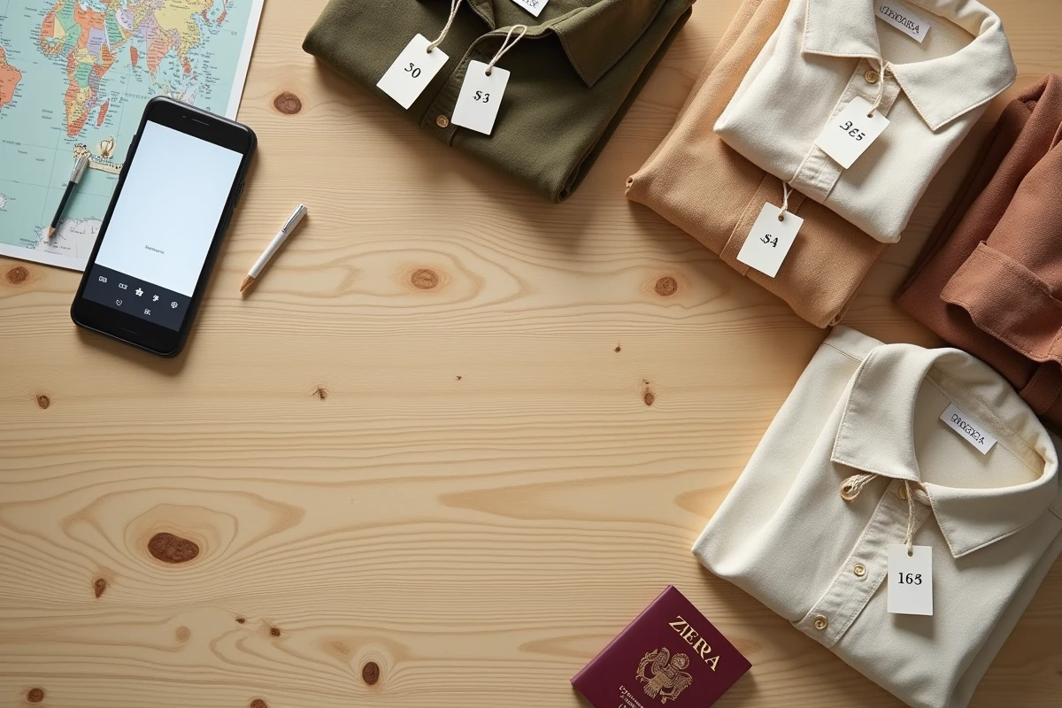Vue aérienne d'une table avec des étiquettes de prix Zara, des vêtements pliés, un passeport et une carte du monde illustrant les achats à l'international