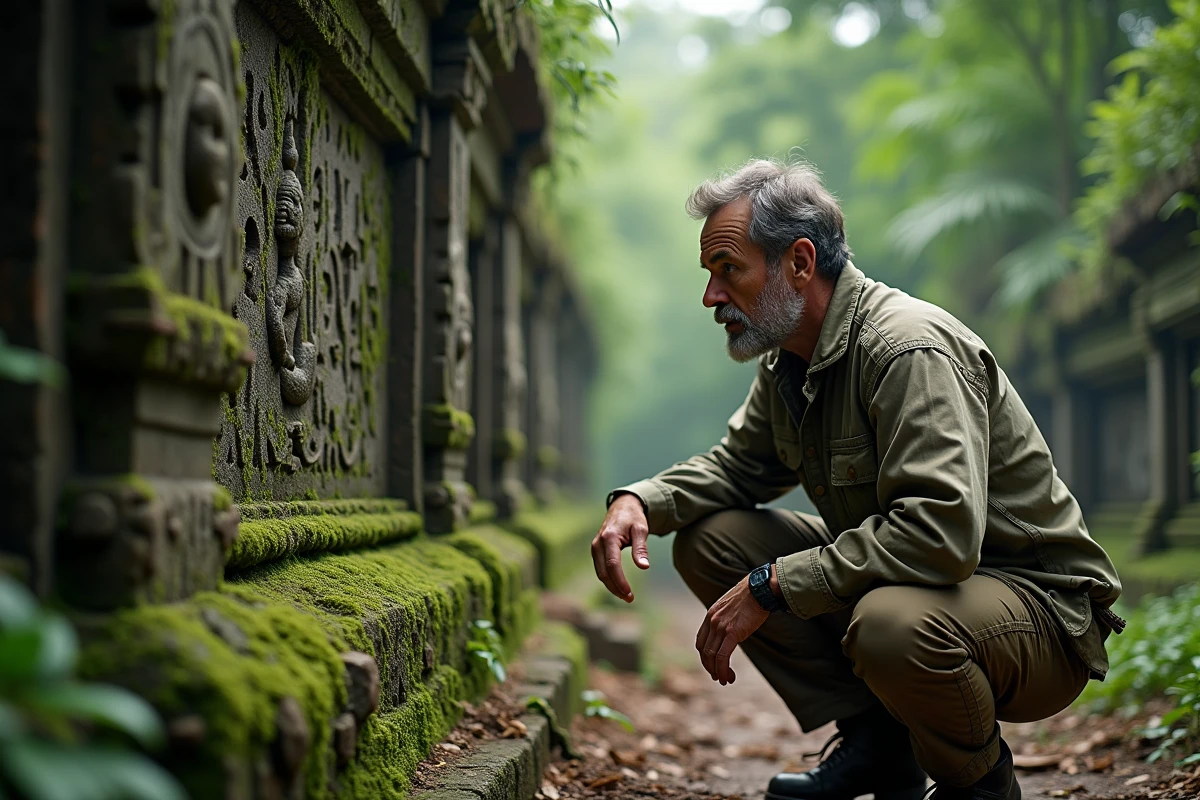 Voyageur explorant les ruines de temples angkoriens envahis par la jungle à Siem Reap au Cambodge
