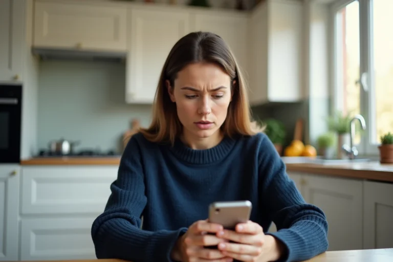 Femme hésitant à répondre à un appel inconnu avec l'indicatif 33 sur son smartphone dans une cuisine moderne