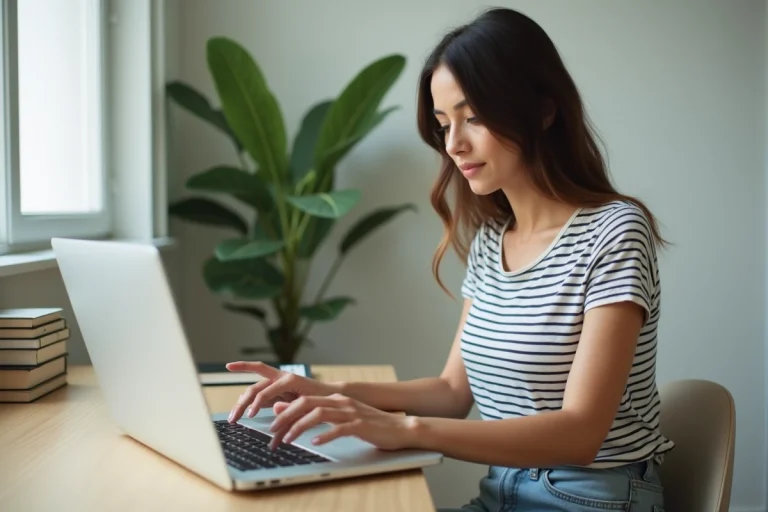 Femme assise à un bureau moderne utilisant un ordinateur portable