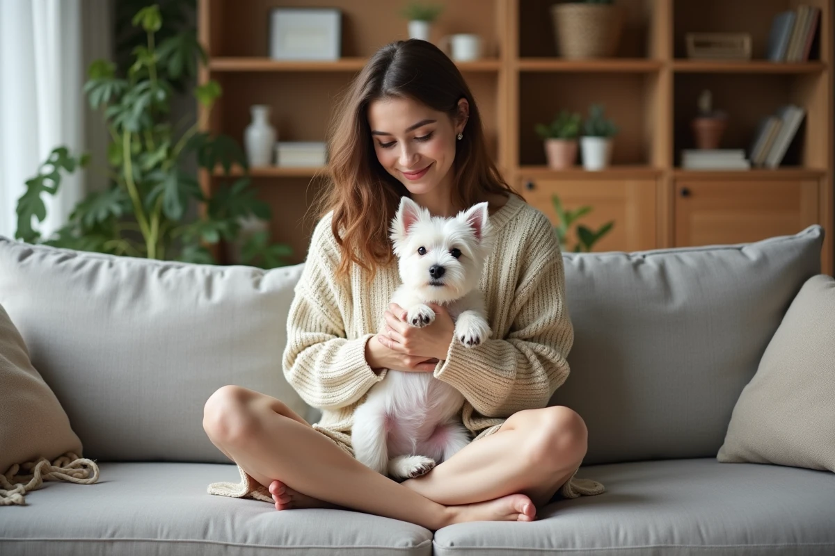 Jeune femme tenant un chiot Westie dans ses bras sur un canapé en lin gris dans un salon moderne et chaleureux