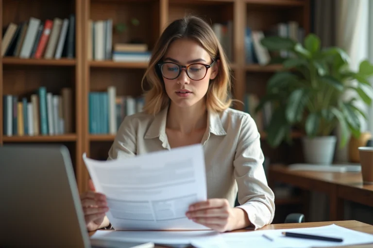 Femme consultant des documents administratifs pour un voyage solidaire à son bureau à domicile