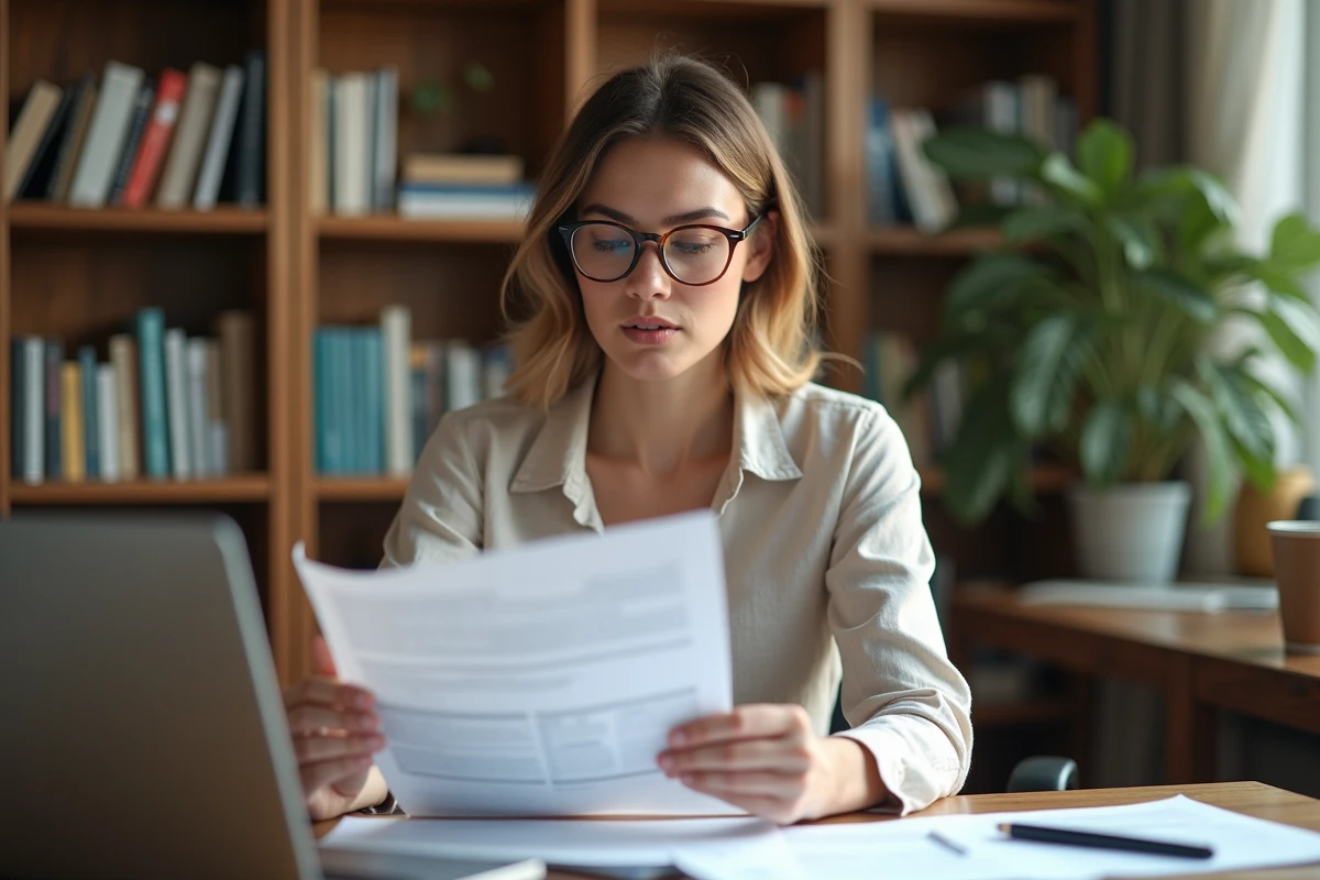 Femme consultant des documents administratifs pour un voyage solidaire à son bureau à domicile