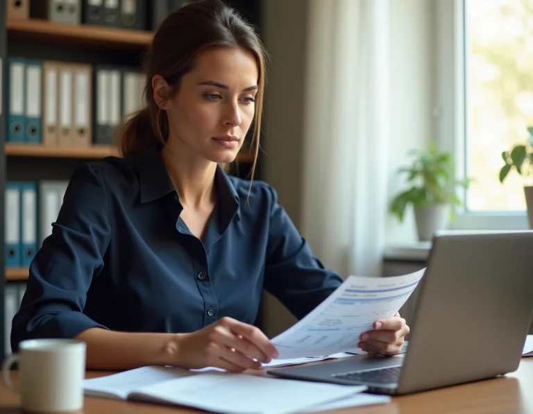 Femme consultant ses documents fiscaux et relevés de cashback sur un bureau à domicile en France