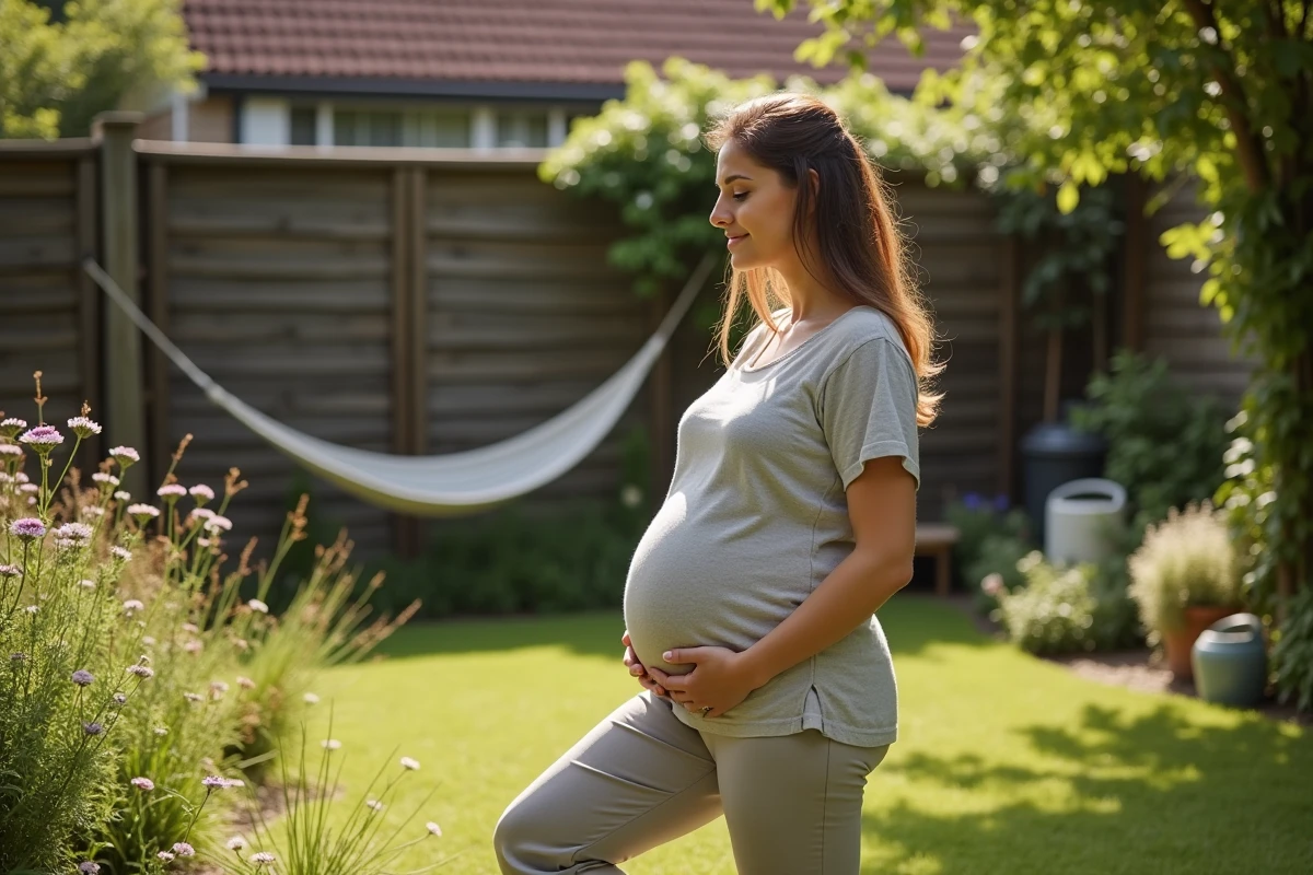 Femme enceinte pratiquant des étirements dans le jardin