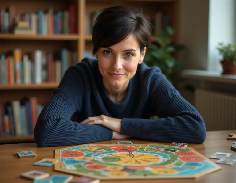 Femme concentrée jouant à un jeu de société autour d'une table en bois dans un salon chaleureux avec des étagères de jeux en arrière-plan