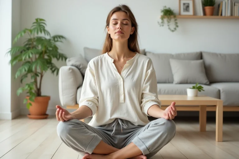 Femme pratiquant la méditation chez elle pour améliorer son bien-être quotidien