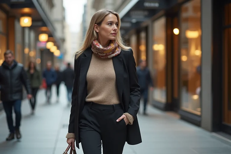 Femme élégante marche dans la ville avec style