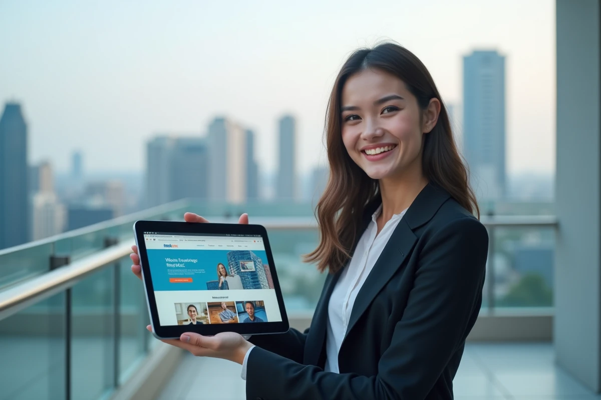 Femme en extérieur présentant un site web sur une tablette