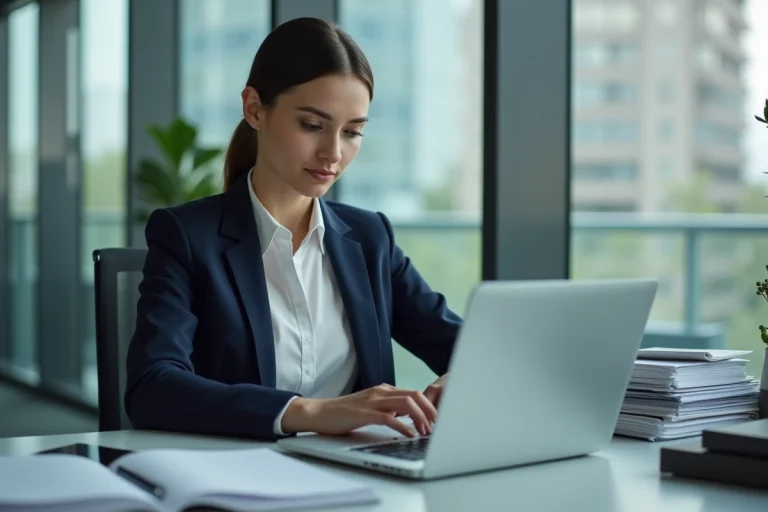 Femme professionnelle travaillant sur son ordinateur dans un bureau moderne