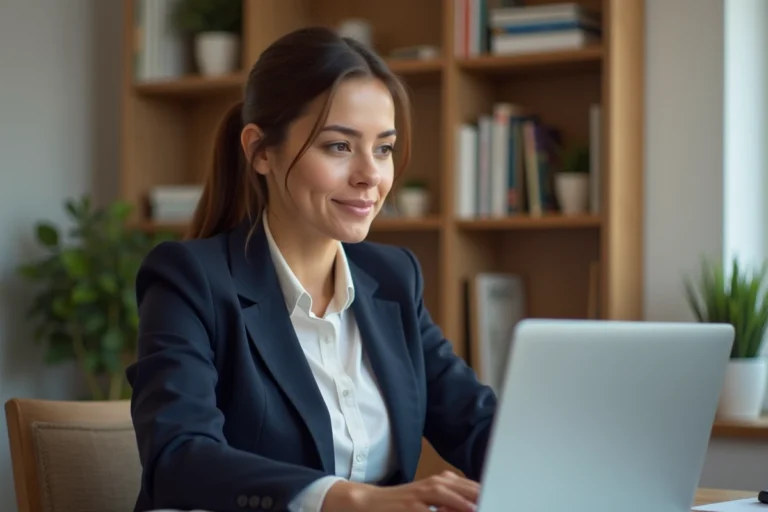 Femme concentrée en blazer marine cherchant un emploi en ligne sur son ordinateur portable dans un bureau à domicile moderne
