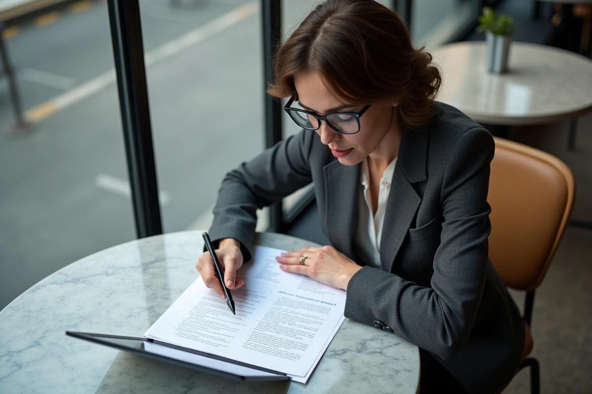 Femme professionnelle en blazer anthracite révisant son CV et des notes manuscrites avec une tablette affichant un portail d'emploi dans un café urbain