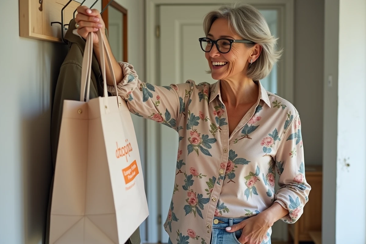 Femme à la maison découvrant un chemisier fleuri acheté chez Intermarché, reflet de la satisfaction qualité-prix des vêtements féminins