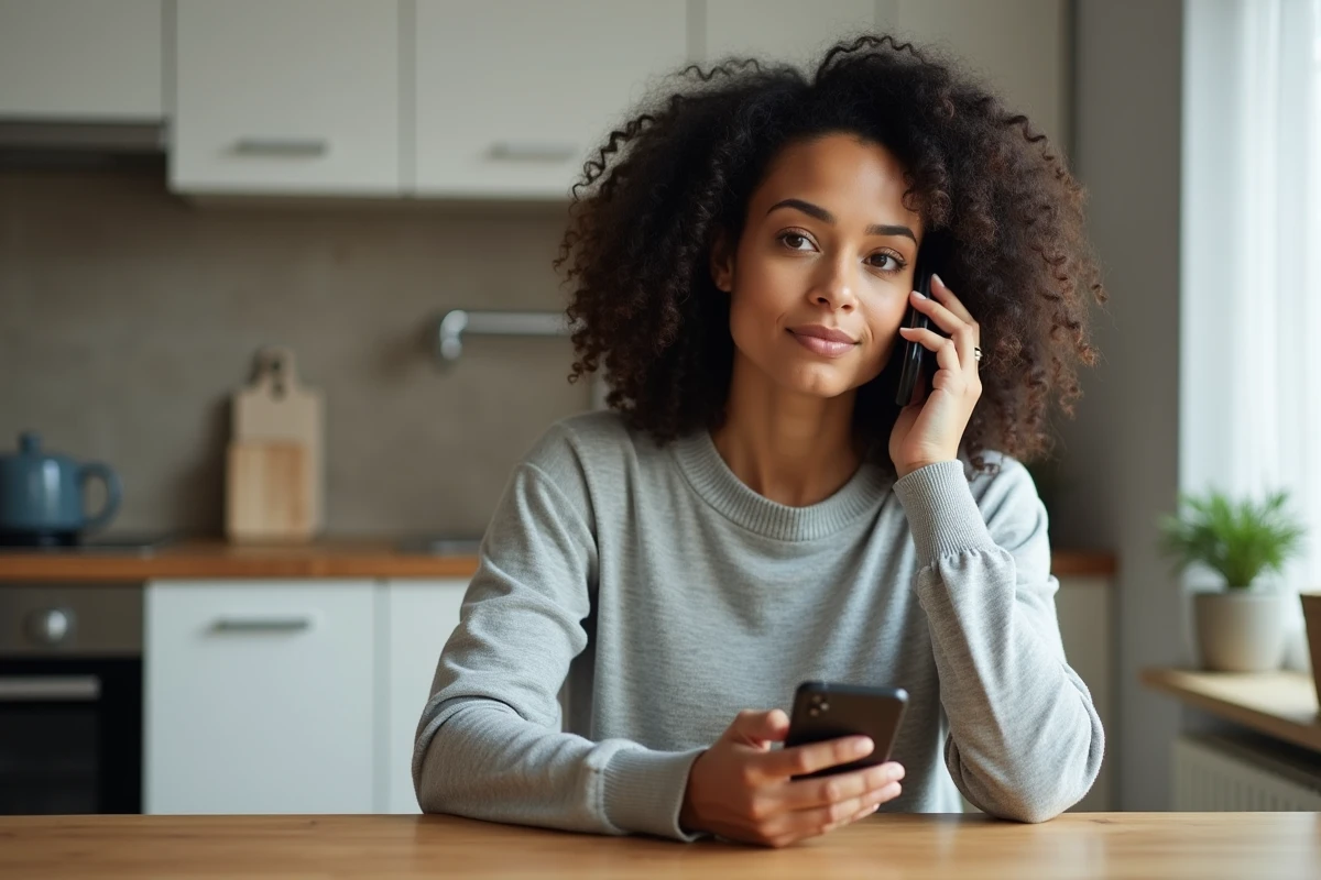 Femme appelant le service client Uber Eats depuis son téléphone dans une cuisine moderne
