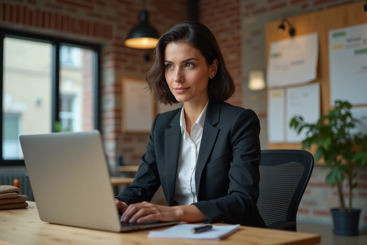 Jeune femme concentrée travaillant sur son ordinateur portable