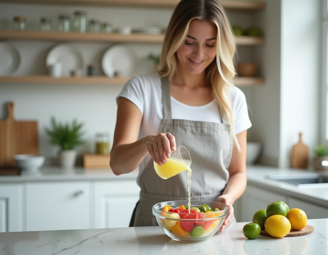 Femme versant du jus de citron vert frais sur une salade de fruits dans une cuisine moderne