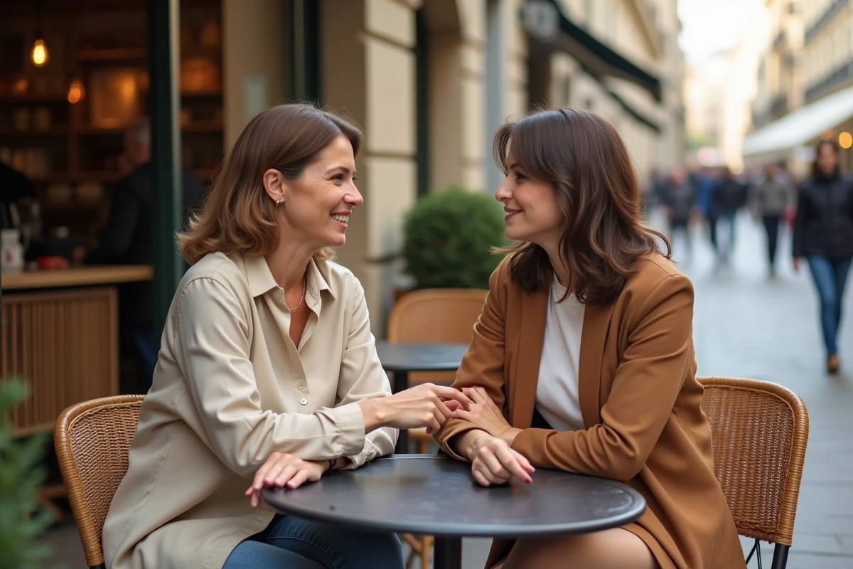 Deux femmes en terrasse discutant de la qualité des vêtements abordables, représentant l'attrait croissant des collections textiles féminines en supermarché