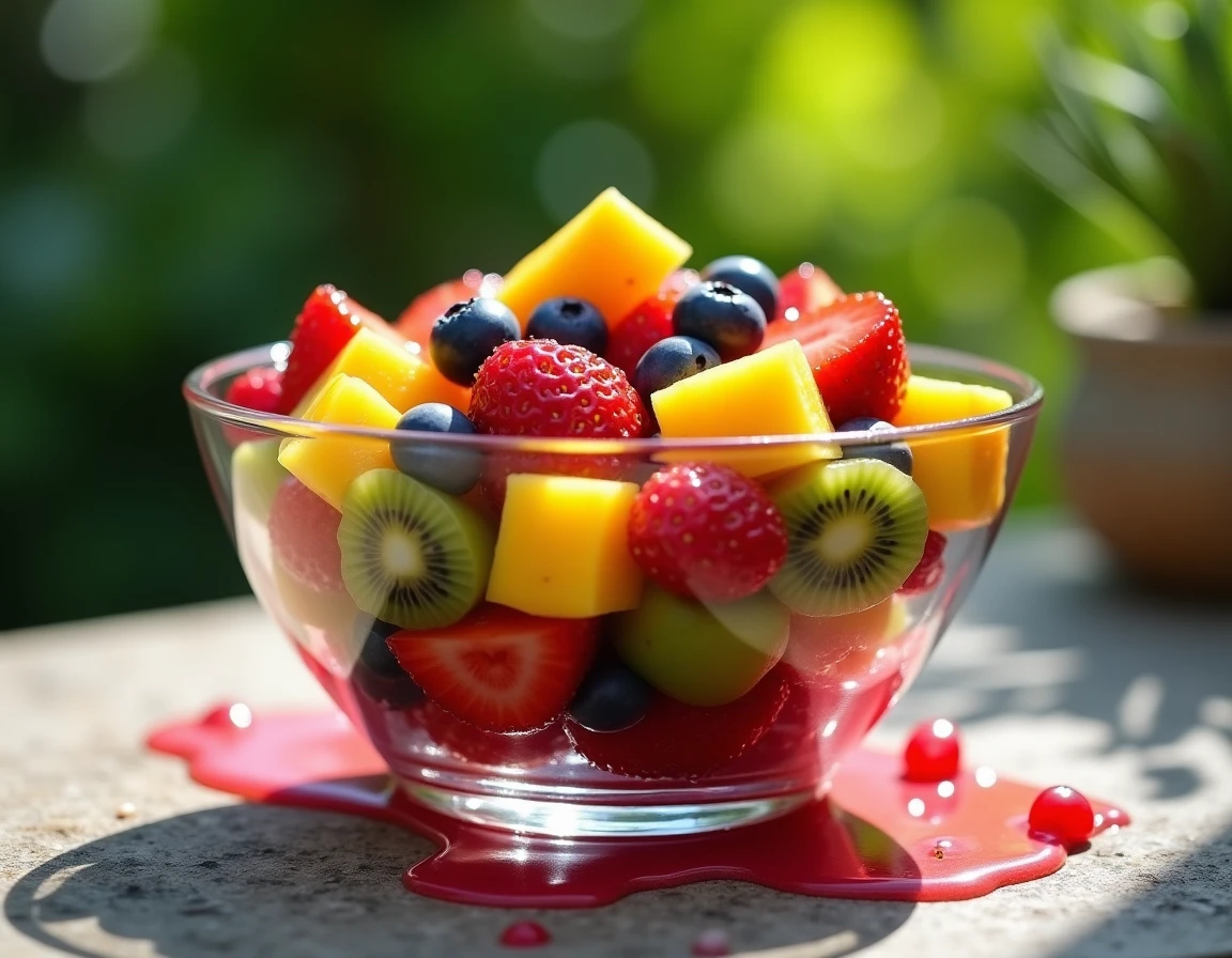 Gros plan d'une salade de fruits colorée avec jus de fruit de la passion dans un bol en verre sur terrasse extérieure