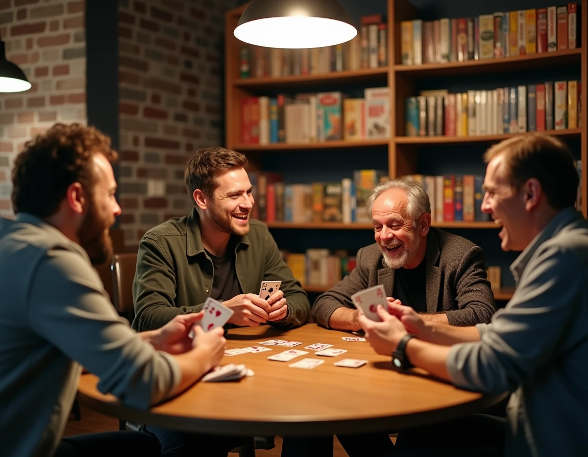 Groupe d'adultes en train de jouer à un jeu de cartes dans un café de jeux de société convivial avec des étagères de jeux en bois