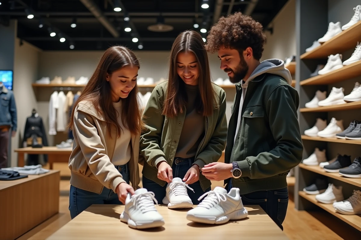 Groupe d amis examinant des sneakers dans un magasin moderne