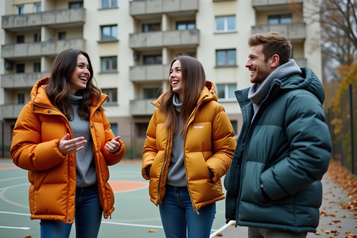 Groupe de jeunes adultes en tenue streetwear discutant avec animation devant une cité HLM française, évoquant le langage argotique et la culture musicale urbaine