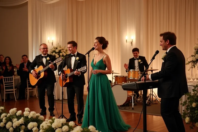 Groupe de musique live animant le jeu des 12 mois lors d'une réception de mariage en salle