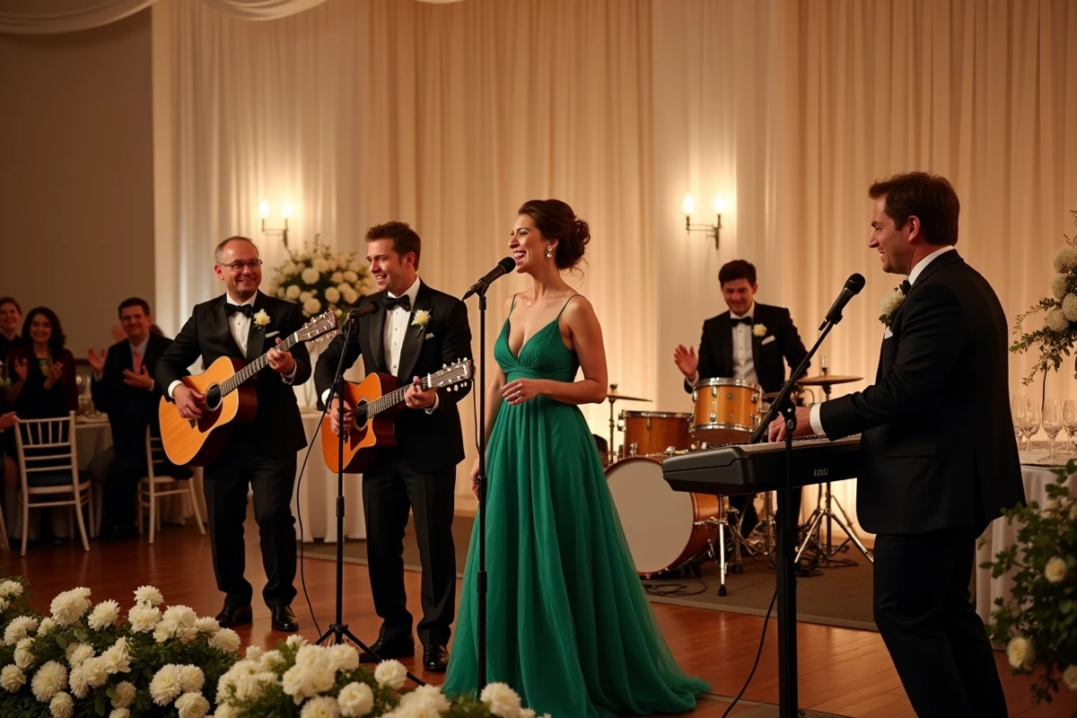 Groupe de musique live animant le jeu des 12 mois lors d'une réception de mariage en salle