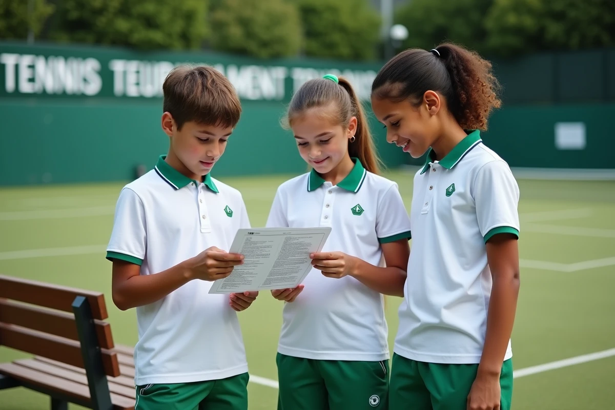 Groupe de ramasseurs de balles de tennis en uniforme consultant leurs instructions avant un match lors d'un tournoi professionnel