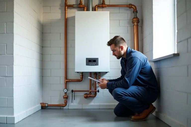 Technicien inspectant une chaudière à gaz à condensation haute performance installée dans une chaufferie domestique propre et moderne