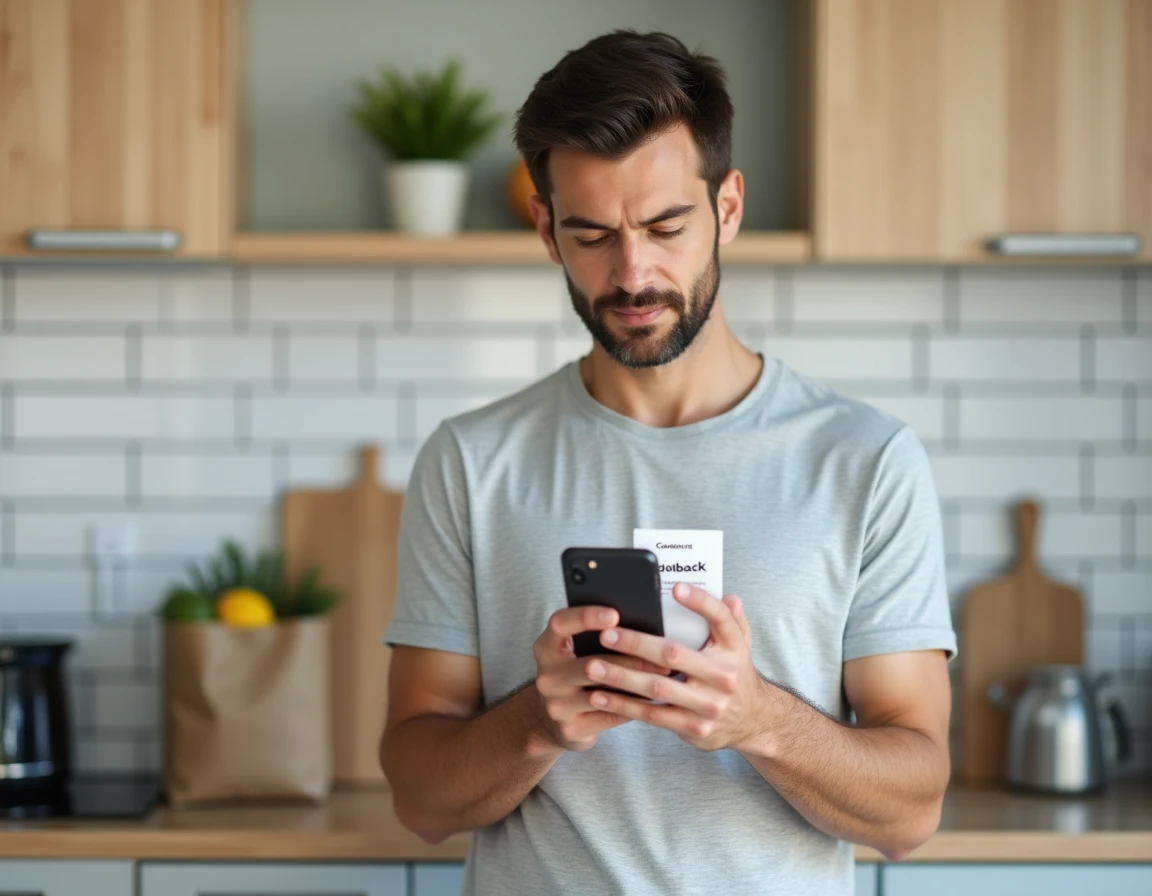 Homme consultant son application de cashback sur smartphone dans une cuisine moderne française